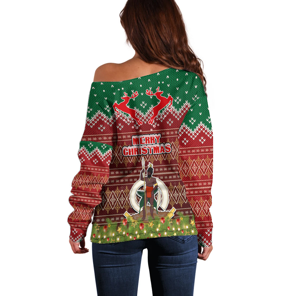 Vanuatu Christmas Off Shoulder Sweater Pig Tusk Beautiful Merry Xmas Snowflake LT03 - Polynesian Pride