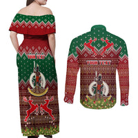 Personalised Vanuatu Christmas Couples Matching Off Shoulder Maxi Dress and Long Sleeve Button Shirts Pig Tusk Beautiful Merry Xmas Snowflake LT03 - Polynesian Pride