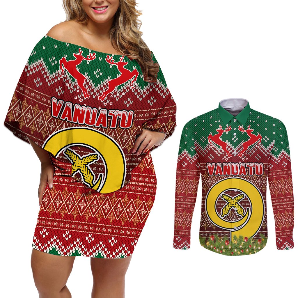 Personalised Vanuatu Christmas Couples Matching Off Shoulder Short Dress and Long Sleeve Button Shirts Pig Tusk Beautiful Merry Xmas Snowflake LT03 Red - Polynesian Pride