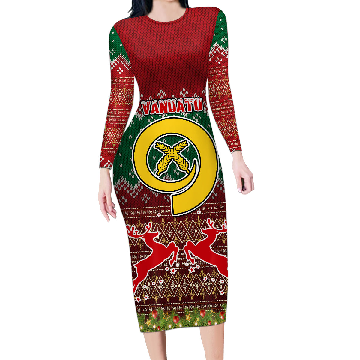 Personalised Vanuatu Christmas Family Matching Long Sleeve Bodycon Dress and Hawaiian Shirt Pig Tusk Beautiful Merry Xmas Snowflake LT03 Mom's Dress Red - Polynesian Pride