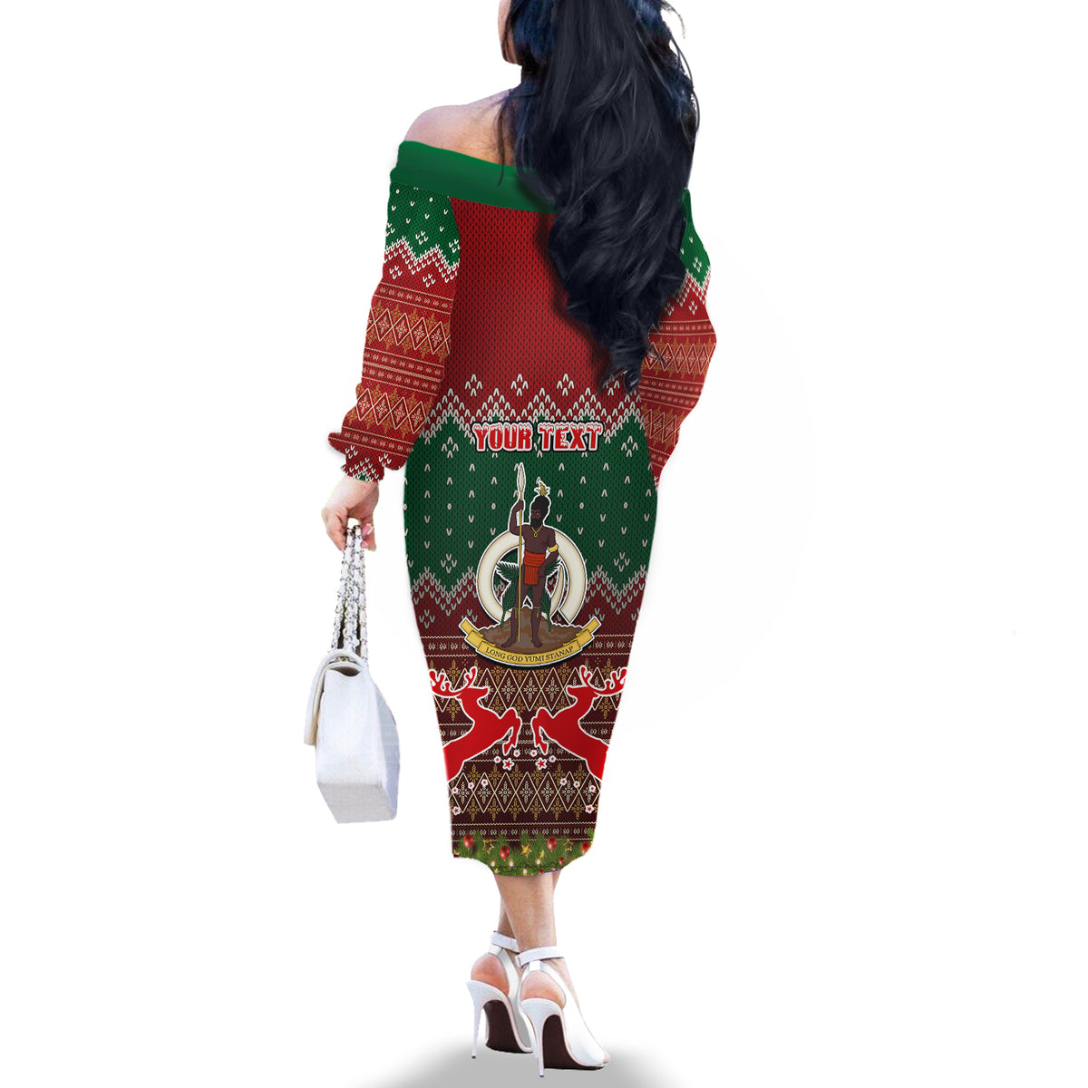 Personalised Vanuatu Christmas Off The Shoulder Long Sleeve Dress Pig Tusk Beautiful Merry Xmas Snowflake LT03 - Polynesian Pride