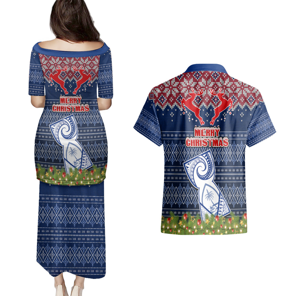 Guam Christmas Couples Matching Puletasi Dress and Hawaiian Shirt Chamorro Guam Tattoos Beautiful Merry Xmas Snowflake LT03 - Polynesian Pride