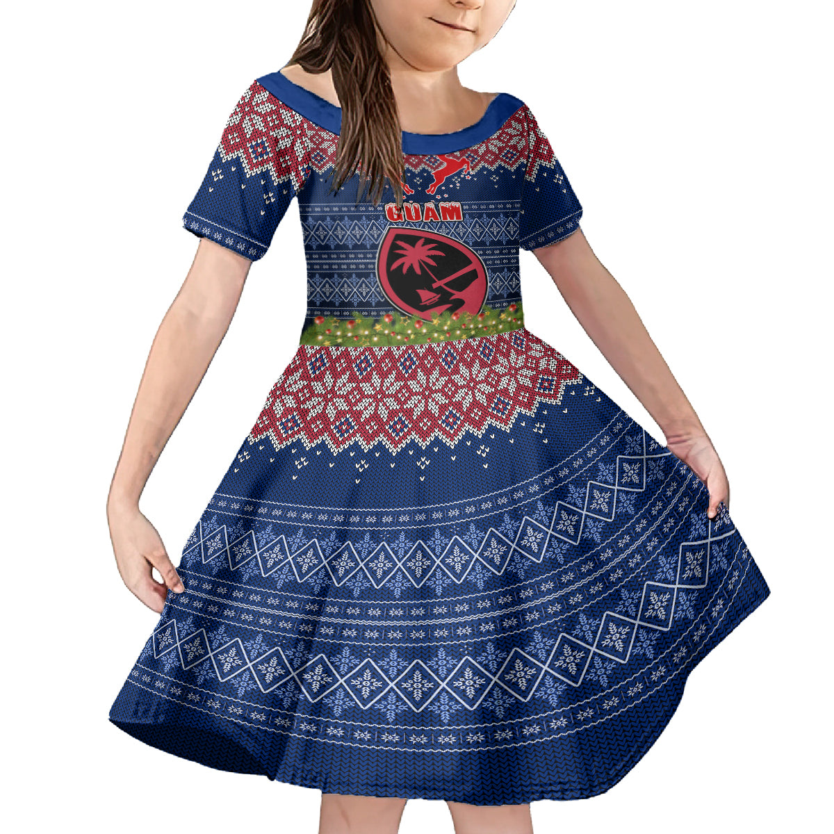 Guam Christmas Family Matching Mermaid Dress and Hawaiian Shirt Chamorro Guam Tattoos Beautiful Merry Xmas Snowflake LT03 Daughter's Dress Blue - Polynesian Pride
