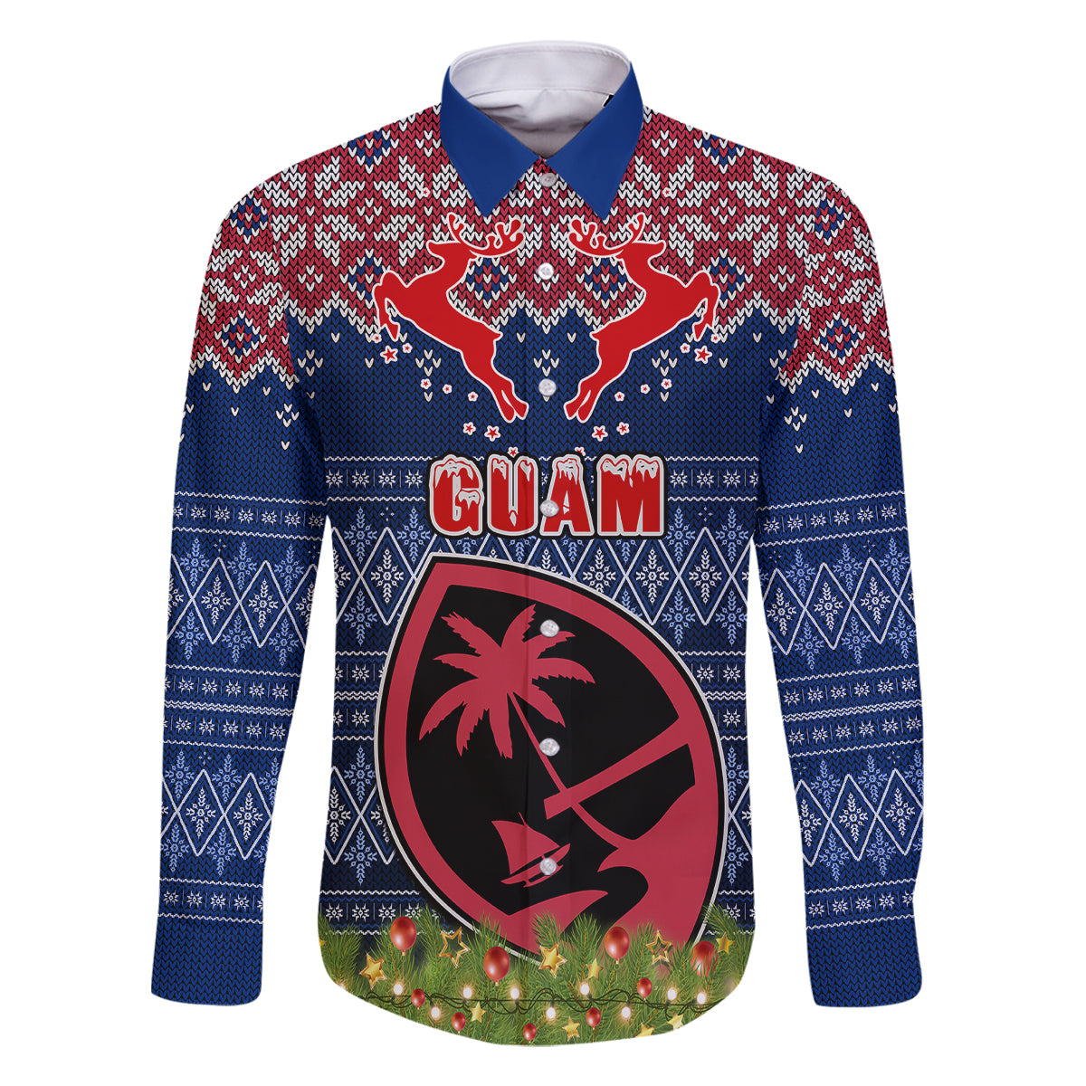Guam Christmas Family Matching Off Shoulder Long Sleeve Dress and Hawaiian Shirt Chamorro Guam Tattoos Beautiful Merry Xmas Snowflake LT03 Dad's Shirt - Long Sleeve Blue - Polynesian Pride