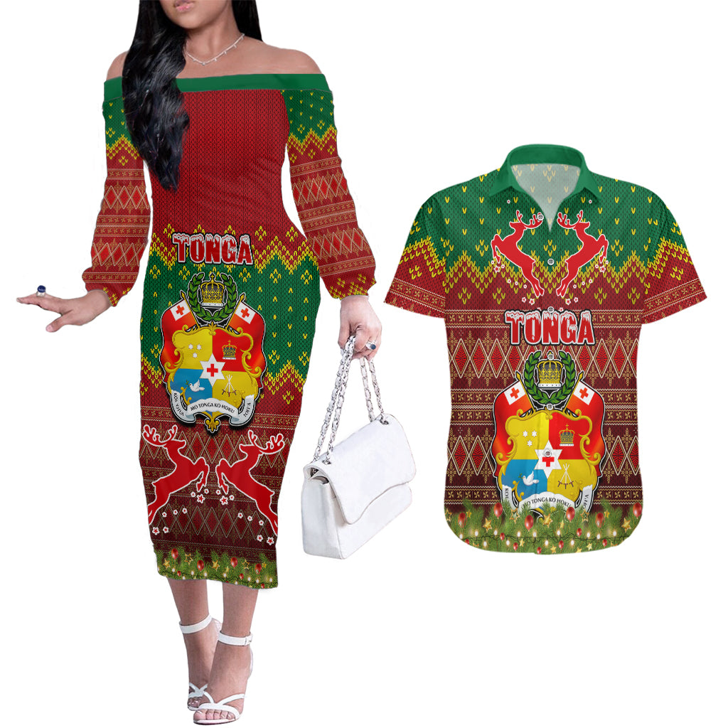 Personalised Tonga Christmas Couples Matching Off The Shoulder Long Sleeve Dress and Hawaiian Shirt Coat of Arms and Map Beautiful Merry Xmas Snowflake LT03 Red - Polynesian Pride