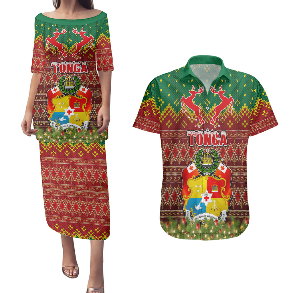 Personalised Tonga Christmas Couples Matching Puletasi Dress and Hawaiian Shirt Coat of Arms and Map Beautiful Merry Xmas Snowflake LT03 Red - Polynesian Pride