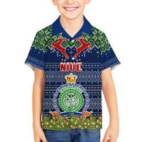 Niue Christmas Family Matching Off Shoulder Short Dress and Hawaiian Shirt Coat of Arms and Map Beautiful Merry Xmas Snowflake LT03 Son's Shirt Blue - Polynesian Pride