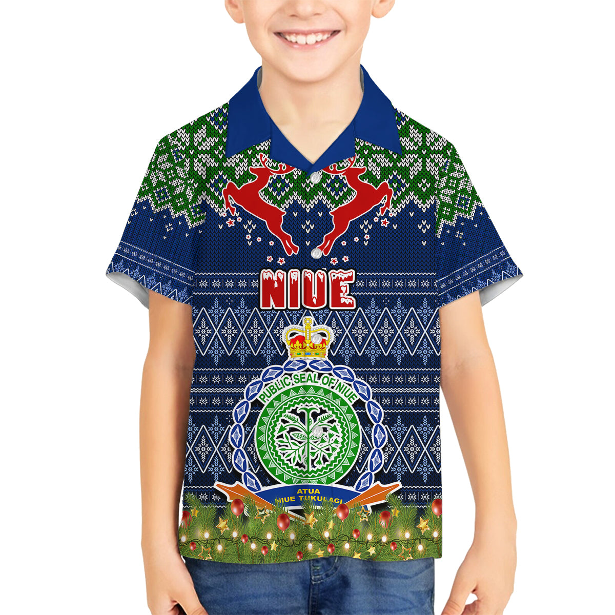 Niue Christmas Family Matching Puletasi Dress and Hawaiian Shirt Coat of Arms and Map Beautiful Merry Xmas Snowflake LT03 Son's Shirt Blue - Polynesian Pride