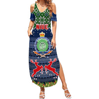Niue Christmas Family Matching Summer Maxi Dress and Hawaiian Shirt Coat of Arms and Map Beautiful Merry Xmas Snowflake LT03 Daughter's Dress Blue - Polynesian Pride