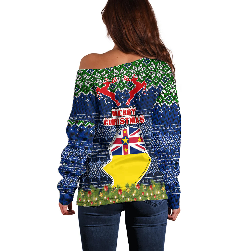 Niue Christmas Off Shoulder Sweater Coat of Arms and Map Beautiful Merry Xmas Snowflake LT03 - Polynesian Pride