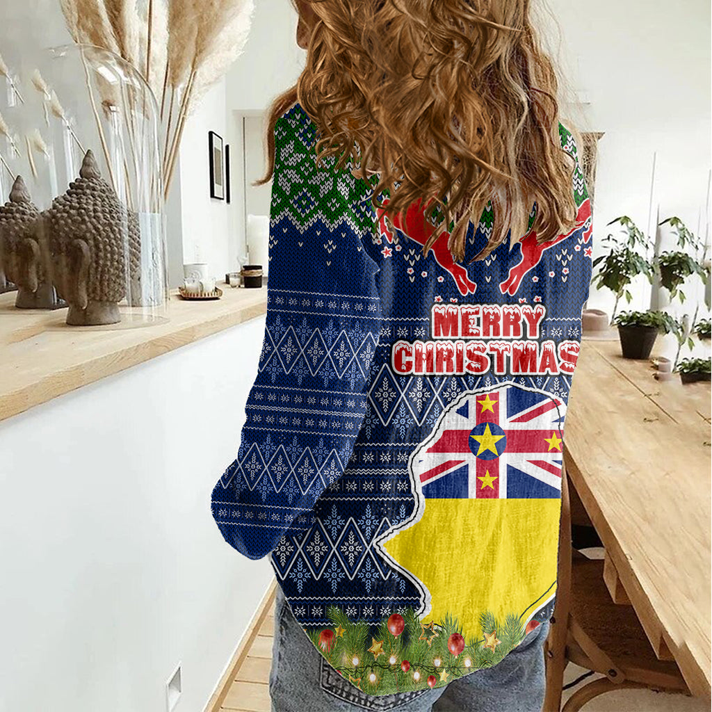 Niue Christmas Women Casual Shirt Coat of Arms and Map Beautiful Merry Xmas Snowflake LT03 - Polynesian Pride