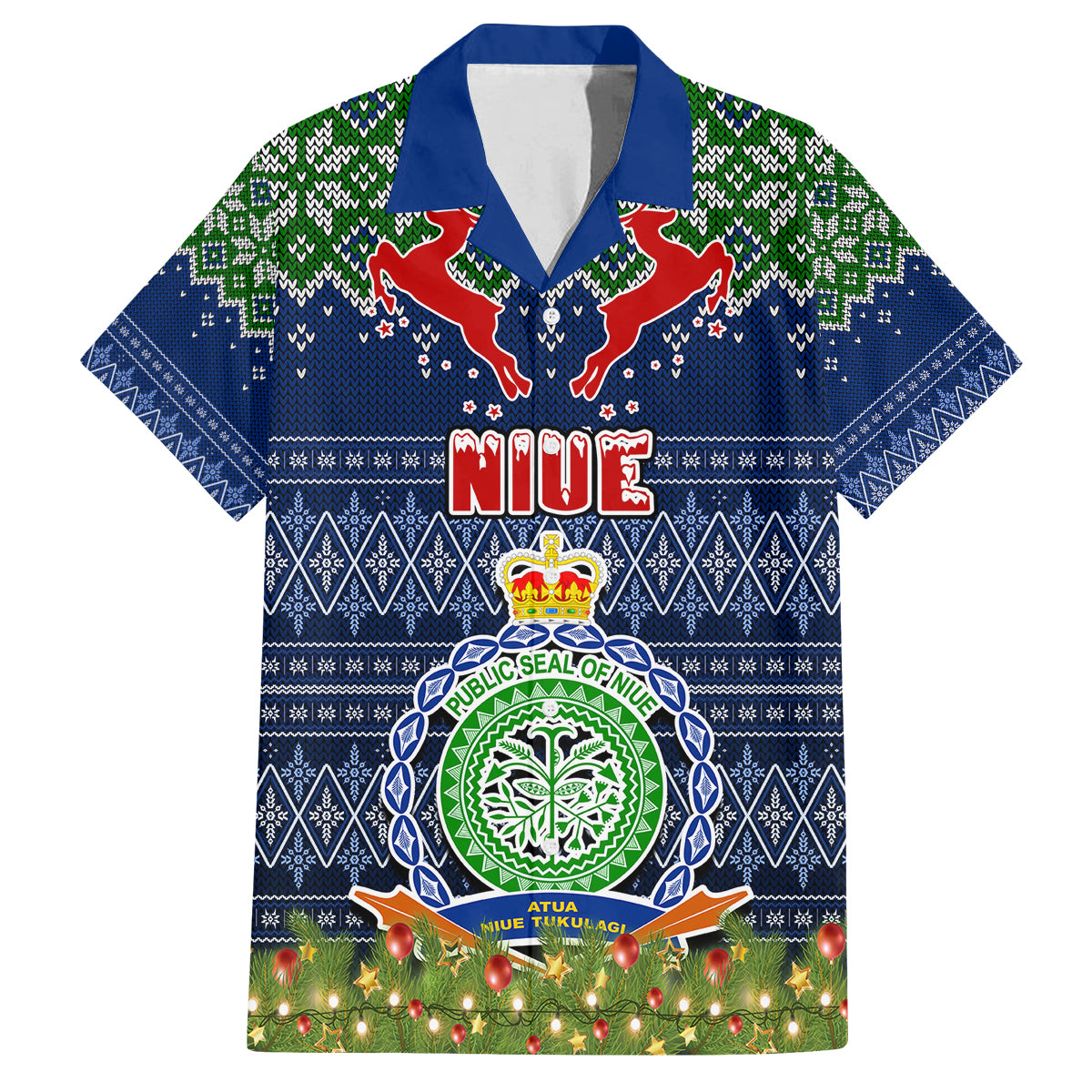 Personalised Niue Christmas Family Matching Off Shoulder Maxi Dress and Hawaiian Shirt Coat of Arms and Map Beautiful Merry Xmas Snowflake LT03 Dad's Shirt - Short Sleeve Blue - Polynesian Pride