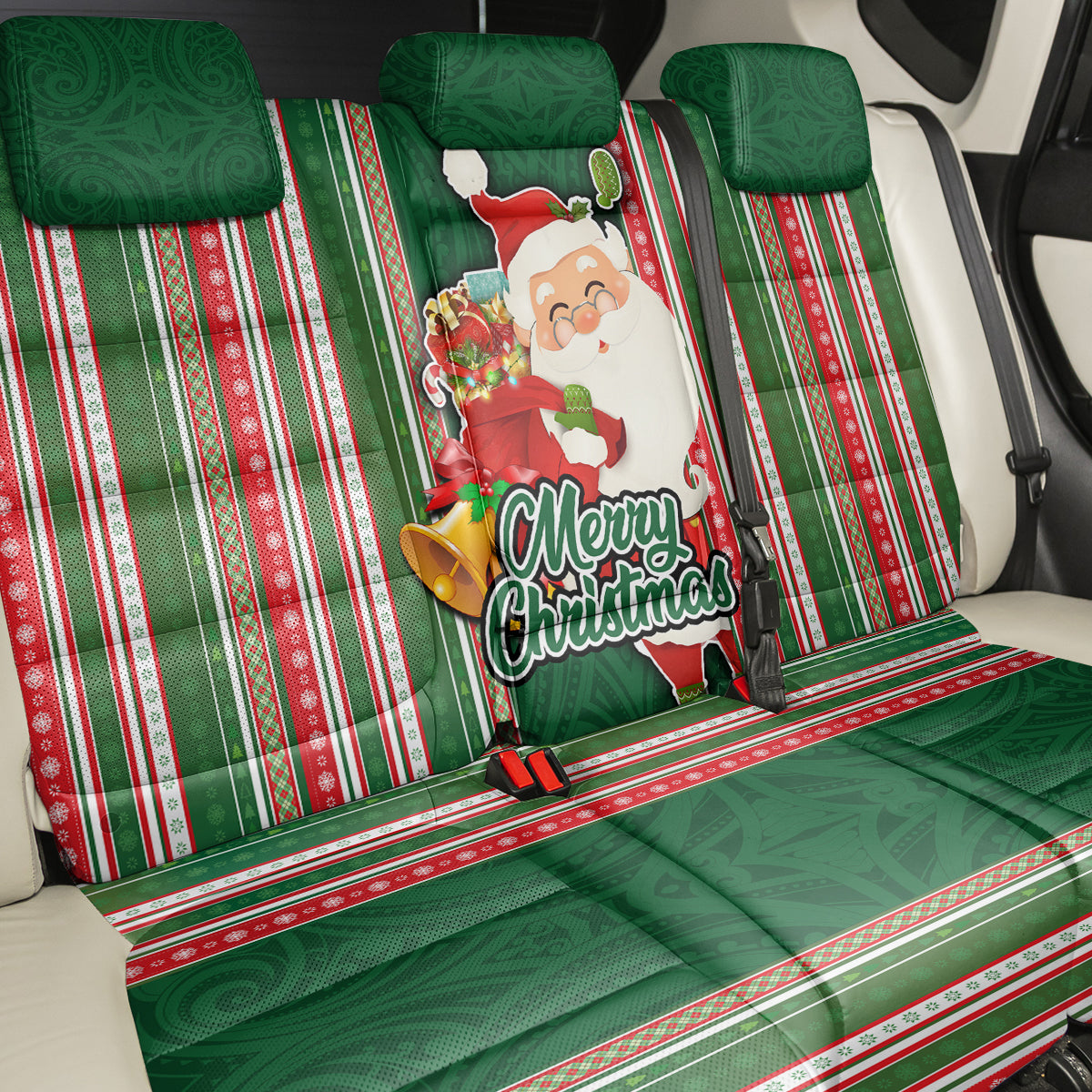Kiribati Christmas Back Car Seat Cover Santa With Gift Bag Behind Ribbons Seamless Green Maori LT03 - Polynesian Pride