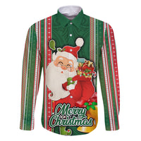 Kiribati Christmas Family Matching Tank Maxi Dress and Hawaiian Shirt Santa With Gift Bag Behind Ribbons Seamless Green Maori LT03 Dad's Shirt - Long Sleeve Green - Polynesian Pride