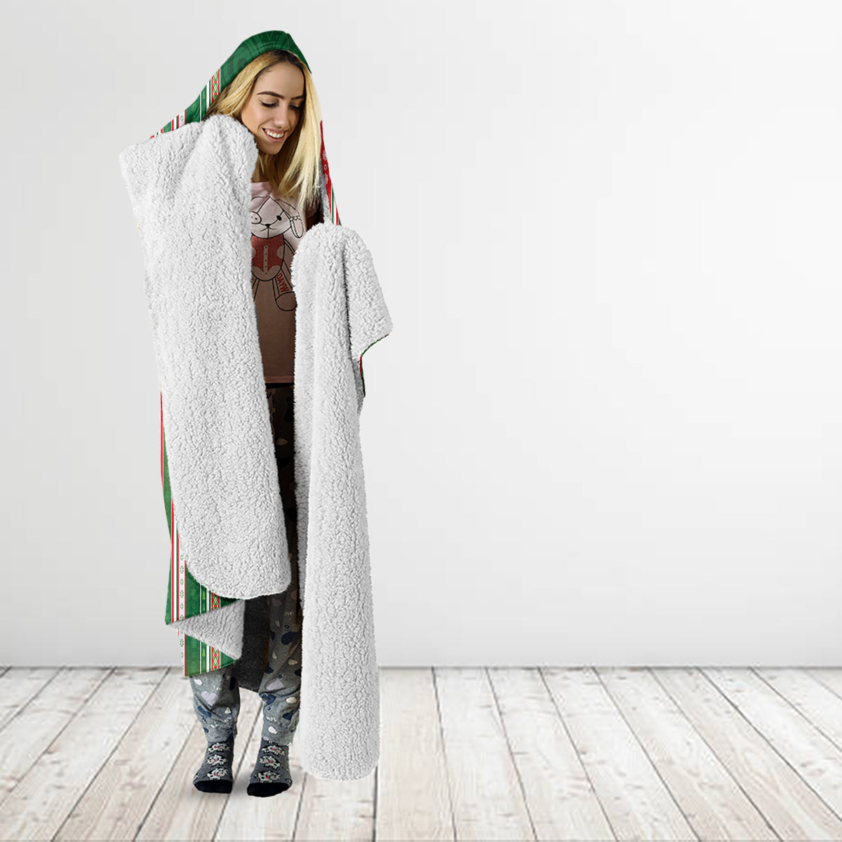 Kiribati Christmas Hooded Blanket Santa With Gift Bag Behind Ribbons Seamless Green Maori LT03 - Polynesian Pride