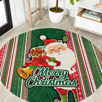 Kiribati Christmas Round Carpet Santa With Gift Bag Behind Ribbons Seamless Green Maori LT03 Green - Polynesian Pride