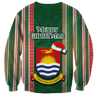 Kiribati Christmas Sweatshirt Santa With Gift Bag Behind Ribbons Seamless Green Maori LT03 - Polynesian Pride