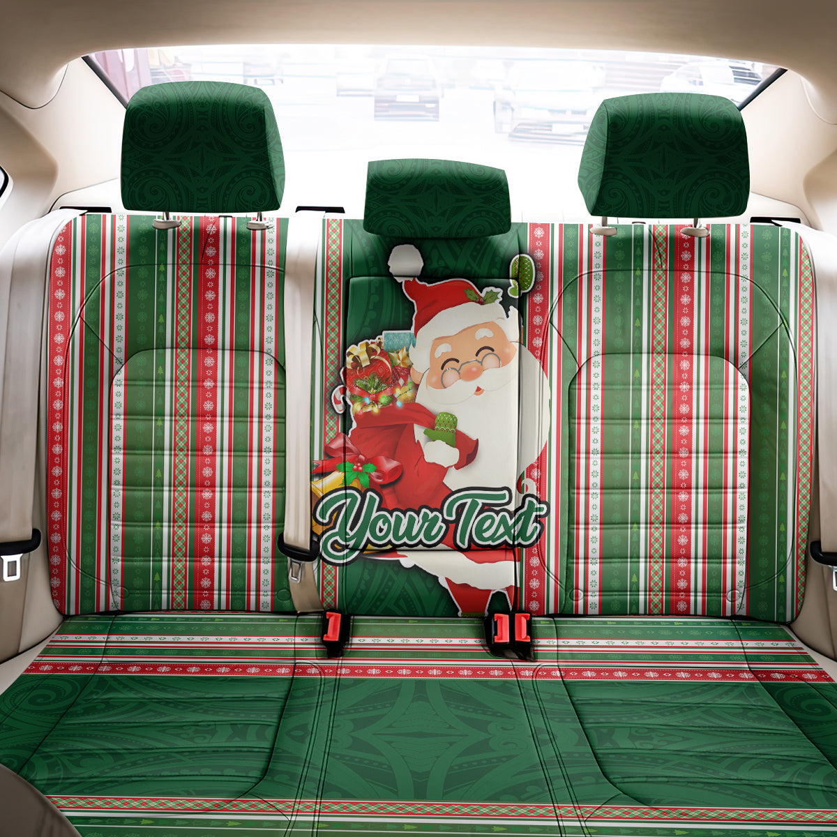Custom Kiribati Christmas Back Car Seat Cover Santa With Gift Bag Behind Ribbons Seamless Green Maori LT03 - Polynesian Pride
