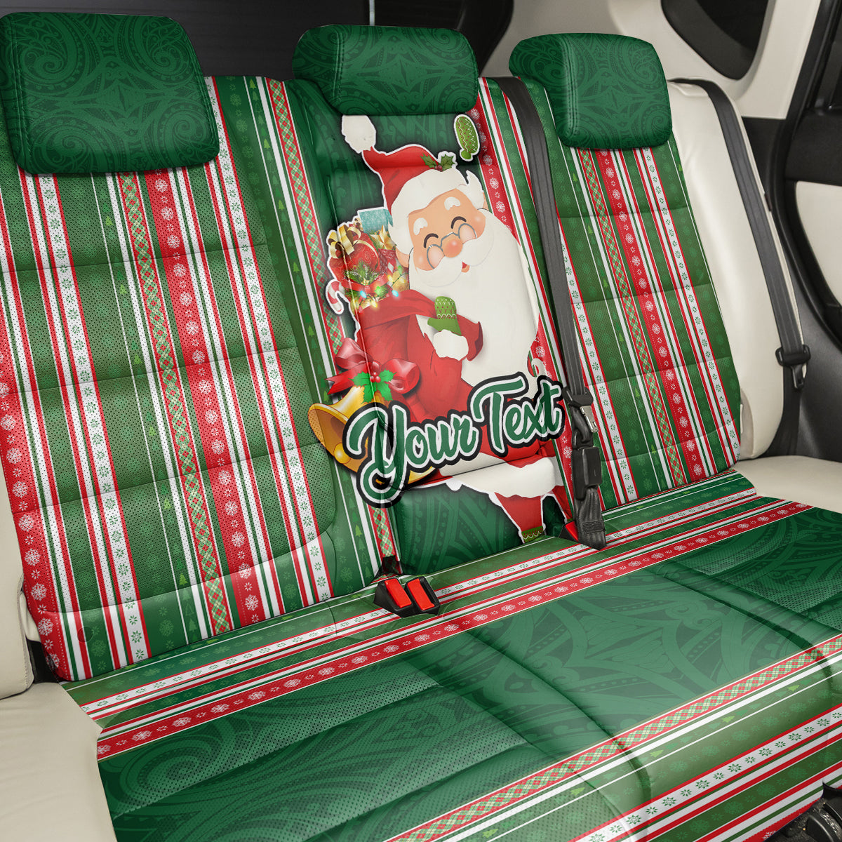 Custom Kiribati Christmas Back Car Seat Cover Santa With Gift Bag Behind Ribbons Seamless Green Maori LT03 - Polynesian Pride
