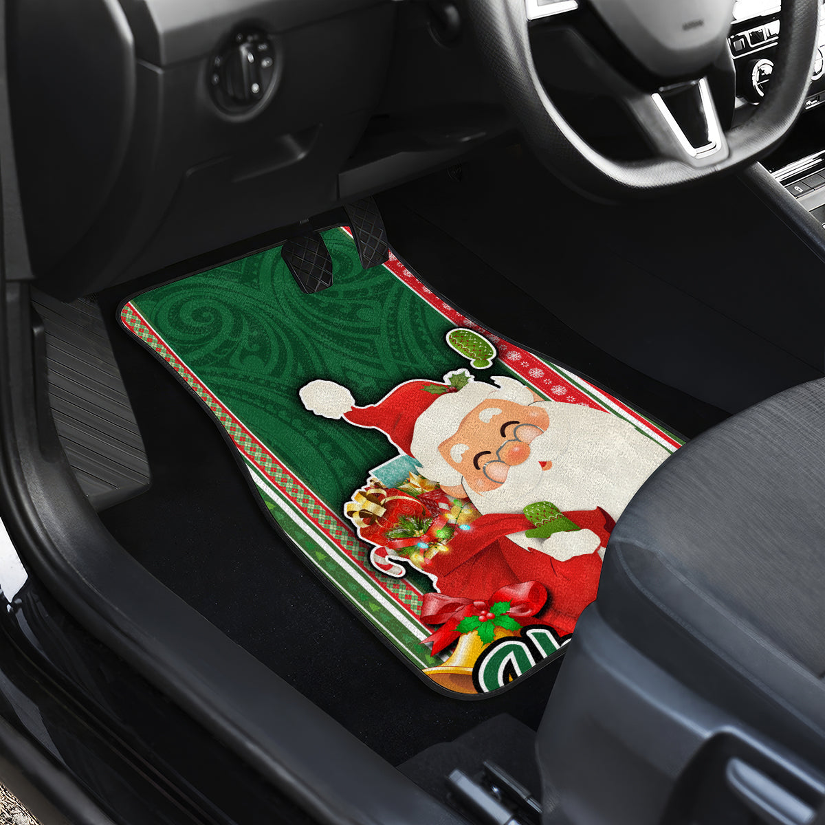 Custom Kiribati Christmas Car Mats Santa With Gift Bag Behind Ribbons Seamless Green Maori LT03 - Polynesian Pride