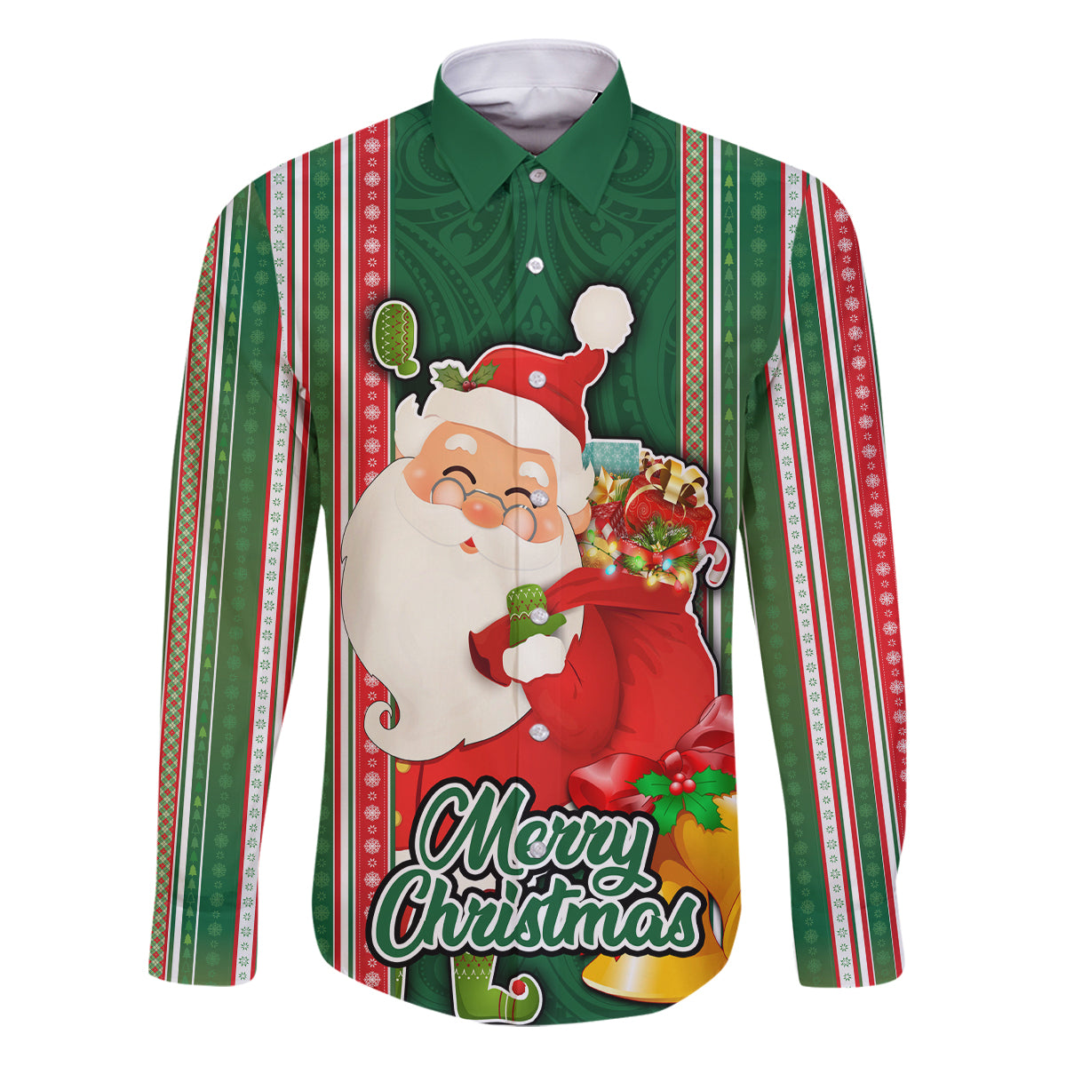 Custom Kiribati Christmas Family Matching Puletasi Dress and Hawaiian Shirt Santa With Gift Bag Behind Ribbons Seamless Green Maori LT03 Dad's Shirt - Long Sleeve Green - Polynesian Pride