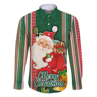 Custom Kiribati Christmas Family Matching Puletasi Dress and Hawaiian Shirt Santa With Gift Bag Behind Ribbons Seamless Green Maori LT03 Dad's Shirt - Long Sleeve Green - Polynesian Pride