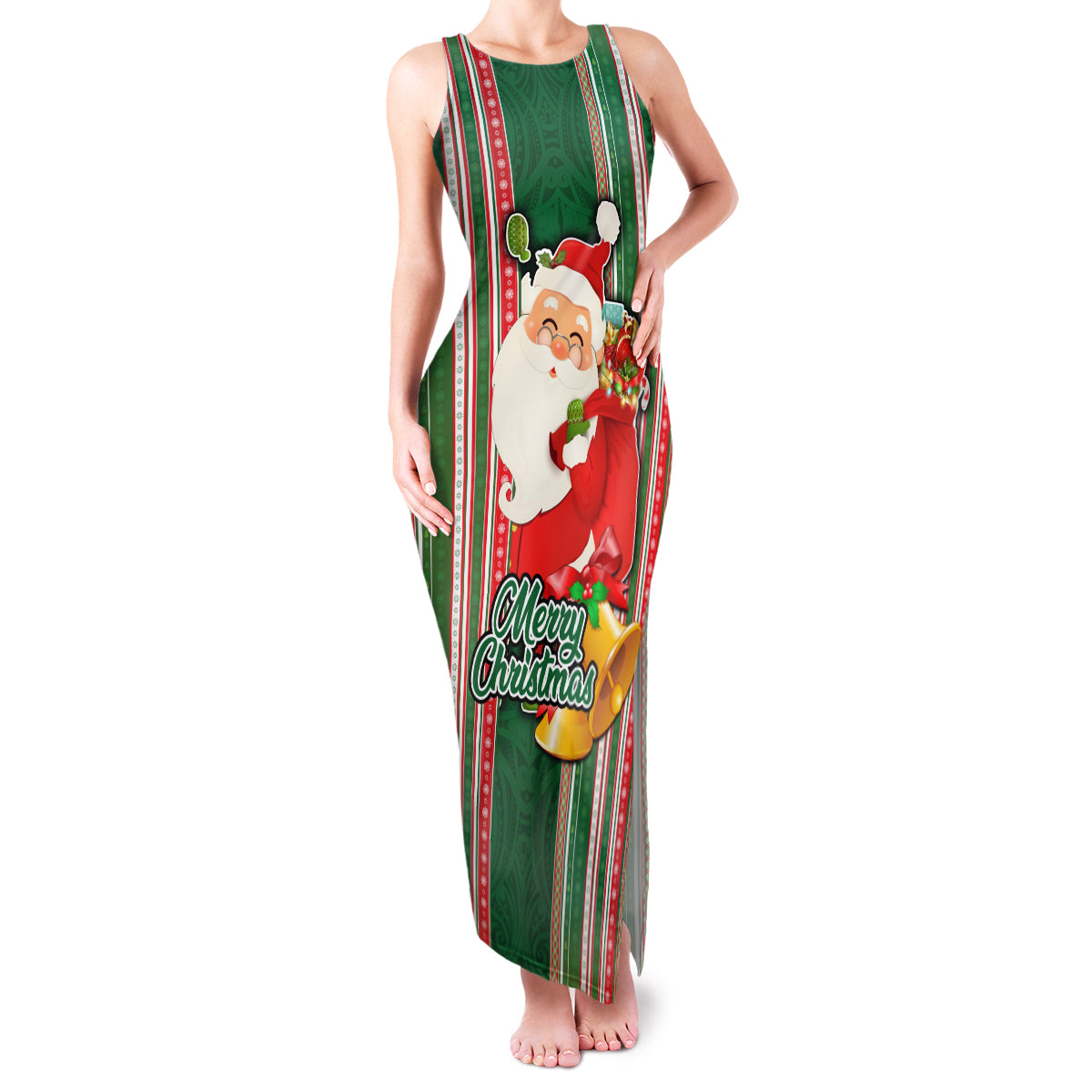 Custom Kiribati Christmas Family Matching Tank Maxi Dress and Hawaiian Shirt Santa With Gift Bag Behind Ribbons Seamless Green Maori LT03 Mom's Dress Green - Polynesian Pride