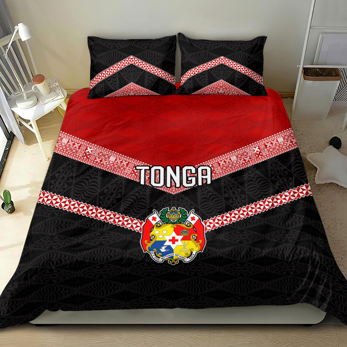 Tonga Bedding Set Tonga Coat of Arms with Seamless Tapa Ngatu Pattern LT03 - Polynesian Pride