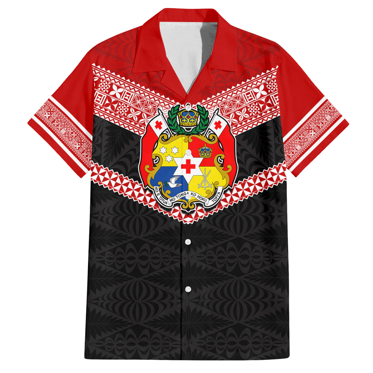 Tonga Family Matching Off Shoulder Maxi Dress and Hawaiian Shirt Tonga Coat of Arms with Seamless Tapa Ngatu Pattern LT03 Dad's Shirt - Short Sleeve Black - Polynesian Pride