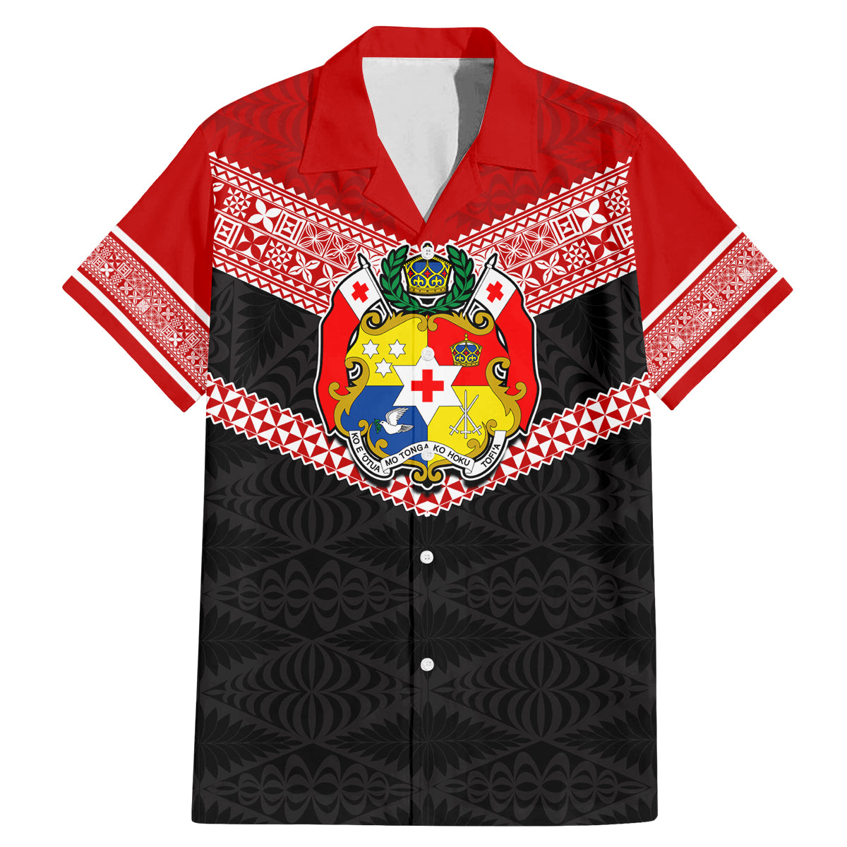 Personalised Tonga Family Matching Mermaid Dress and Hawaiian Shirt Tonga Coat of Arms with Seamless Tapa Ngatu Pattern LT03 Dad's Shirt - Short Sleeve Black - Polynesian Pride