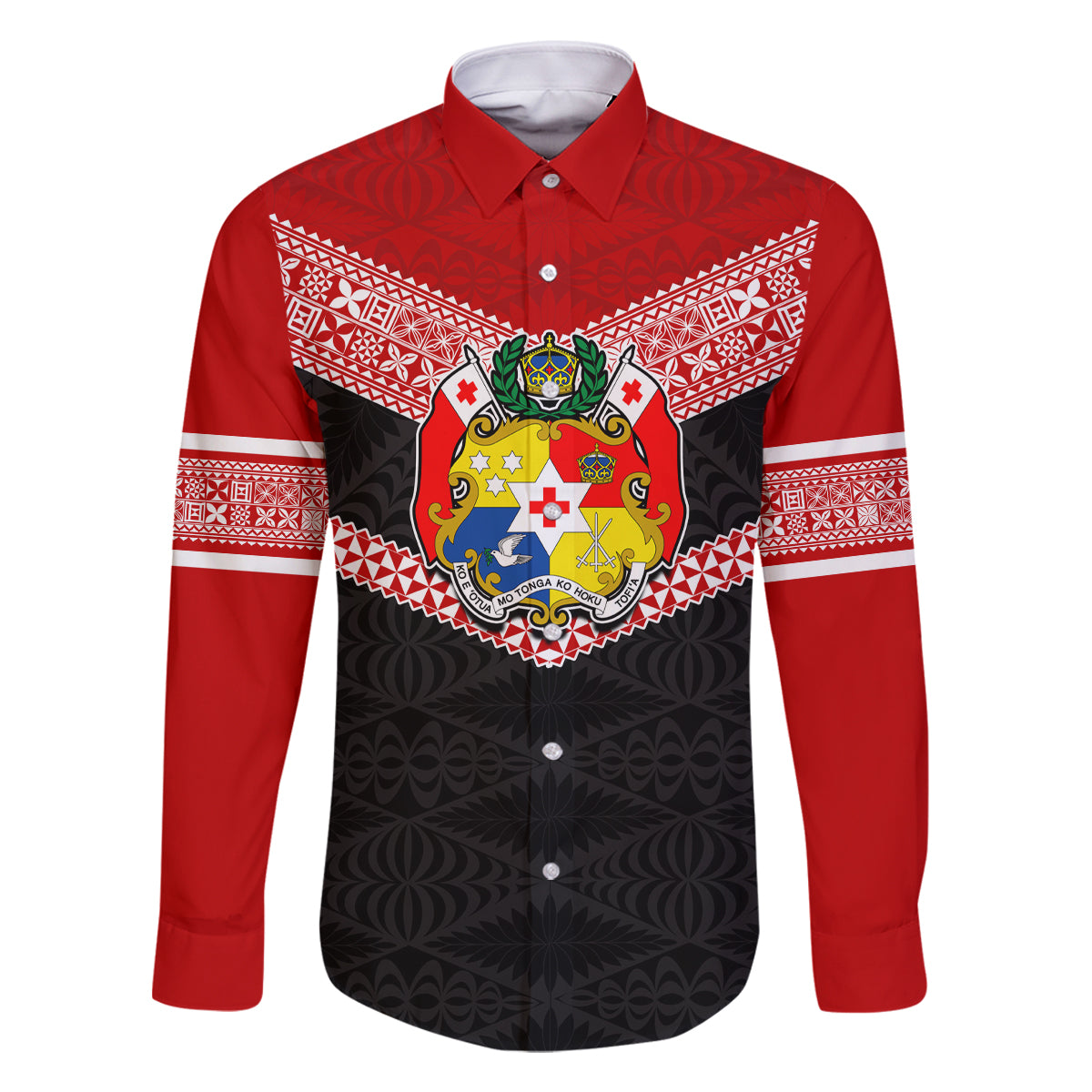 Personalised Tonga Family Matching Mermaid Dress and Hawaiian Shirt Tonga Coat of Arms with Seamless Tapa Ngatu Pattern LT03 Dad's Shirt - Long Sleeve Black - Polynesian Pride