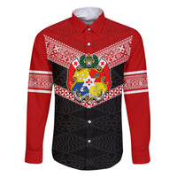 Personalised Tonga Family Matching Off Shoulder Maxi Dress and Hawaiian Shirt Tonga Coat of Arms with Seamless Tapa Ngatu Pattern LT03 Dad's Shirt - Long Sleeve Black - Polynesian Pride