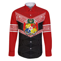 Personalised Tonga Family Matching Puletasi Dress and Hawaiian Shirt Tonga Coat of Arms with Seamless Tapa Ngatu Pattern LT03 Dad's Shirt - Long Sleeve Black - Polynesian Pride