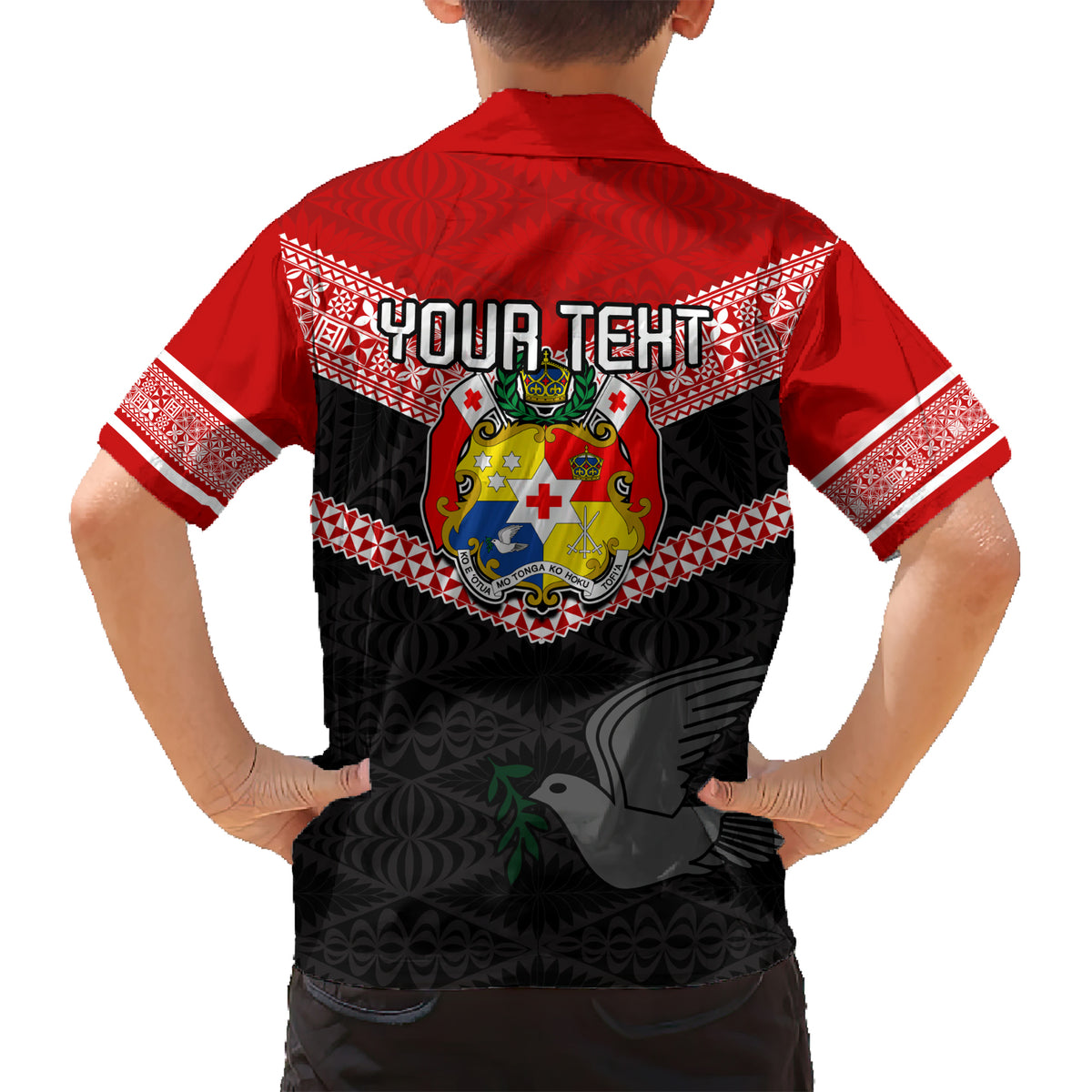 Personalised Tonga Kid Hawaiian Shirt Tonga Coat of Arms with Seamless Tapa Ngatu Pattern LT03 - Polynesian Pride