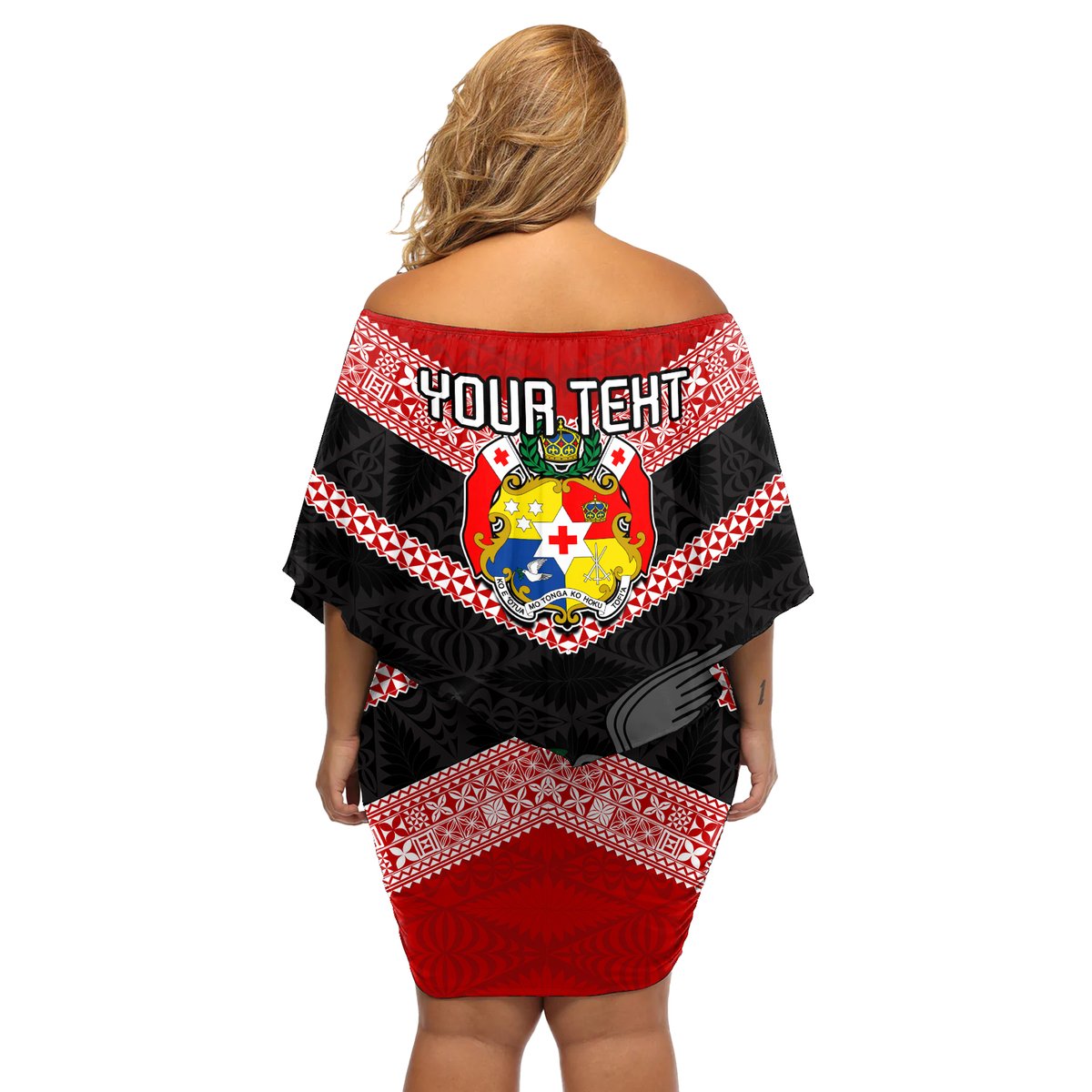 Personalised Tonga Off Shoulder Short Dress Tonga Coat of Arms with Seamless Tapa Ngatu Pattern LT03 - Polynesian Pride