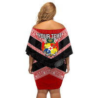 Personalised Tonga Off Shoulder Short Dress Tonga Coat of Arms with Seamless Tapa Ngatu Pattern LT03 - Polynesian Pride