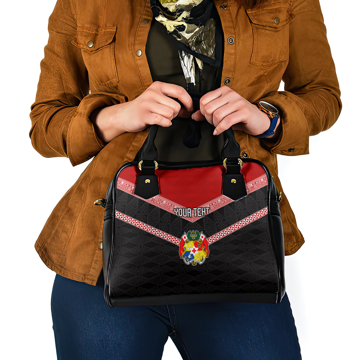Personalised Tonga Shoulder Handbag Tonga Coat of Arms with Seamless Tapa Ngatu Pattern LT03 - Polynesian Pride