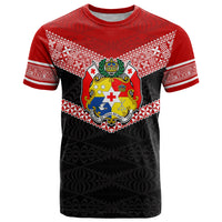 Personalised Tonga T Shirt Tonga Coat of Arms with Seamless Tapa Ngatu Pattern LT03 Black - Polynesian Pride