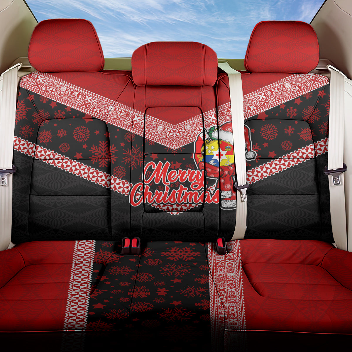 Tonga Christmas Back Car Seat Cover Tongan Coat of Arms Santa With Ngatu Pattern Christmas Red Style LT03 One Size Red - Polynesian Pride