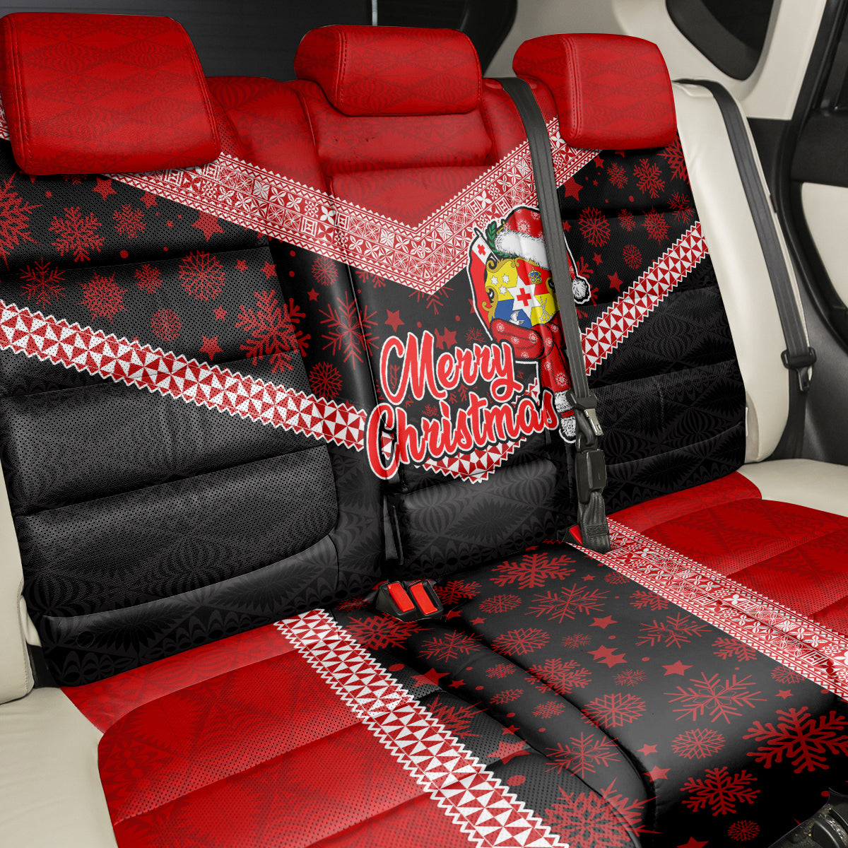 Tonga Christmas Back Car Seat Cover Tongan Coat of Arms Santa With Ngatu Pattern Christmas Red Style LT03 - Polynesian Pride