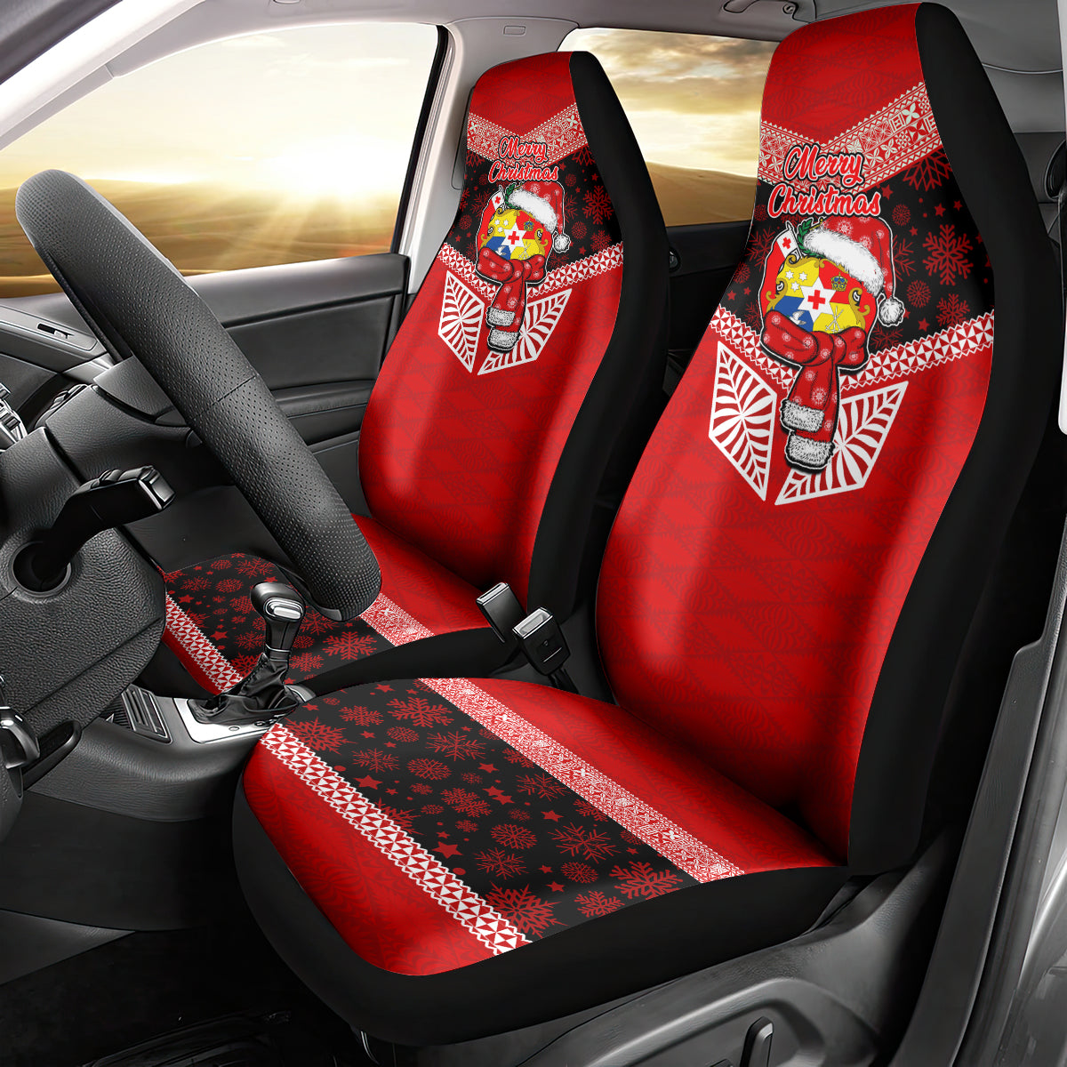 Tonga Christmas Car Seat Cover Tongan Coat of Arms Santa With Ngatu Pattern Christmas Red Style LT03 - Polynesian Pride