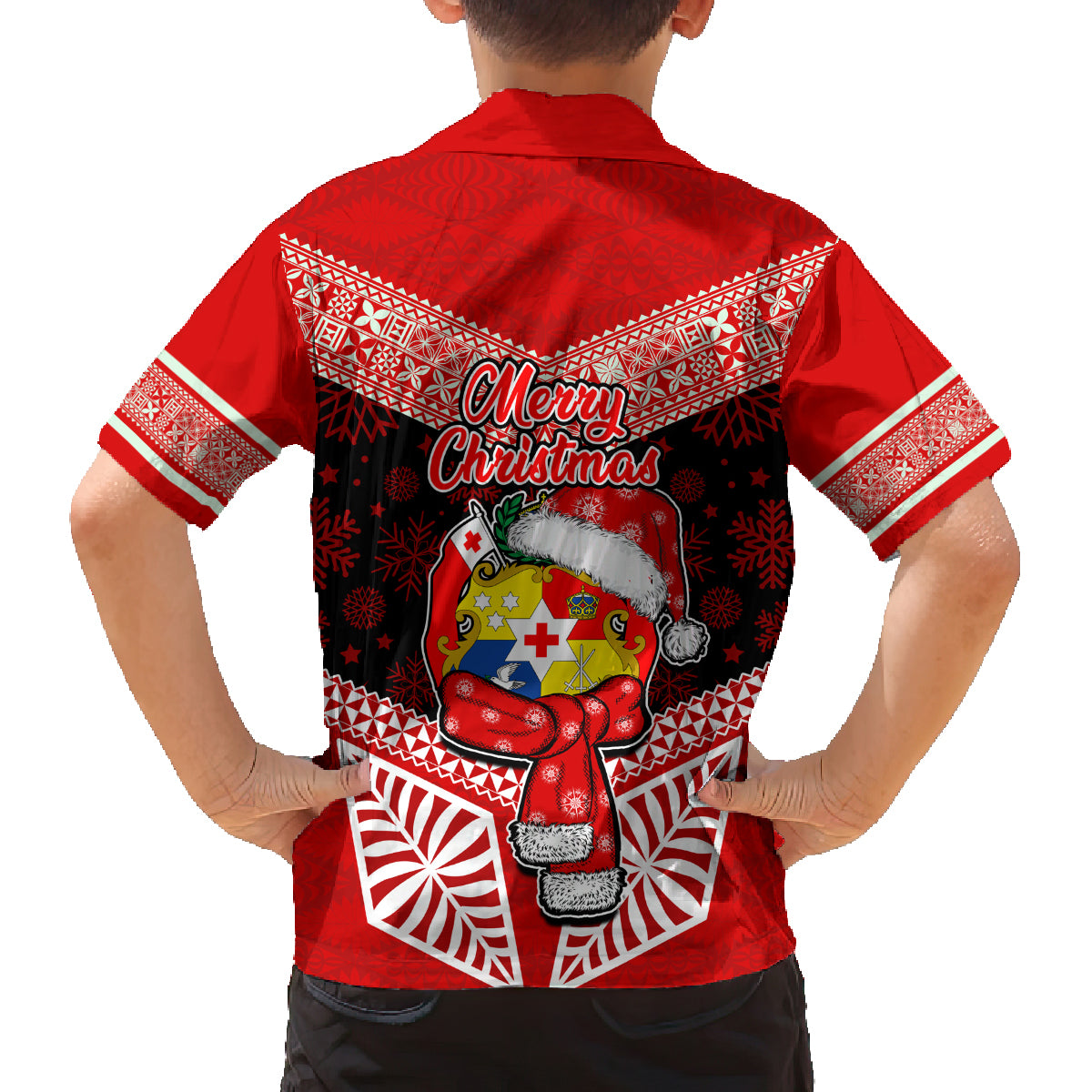 Tonga Christmas Family Matching Long Sleeve Bodycon Dress and Hawaiian Shirt Tongan Coat of Arms Santa With Ngatu Pattern Christmas Red Style LT03 - Polynesian Pride