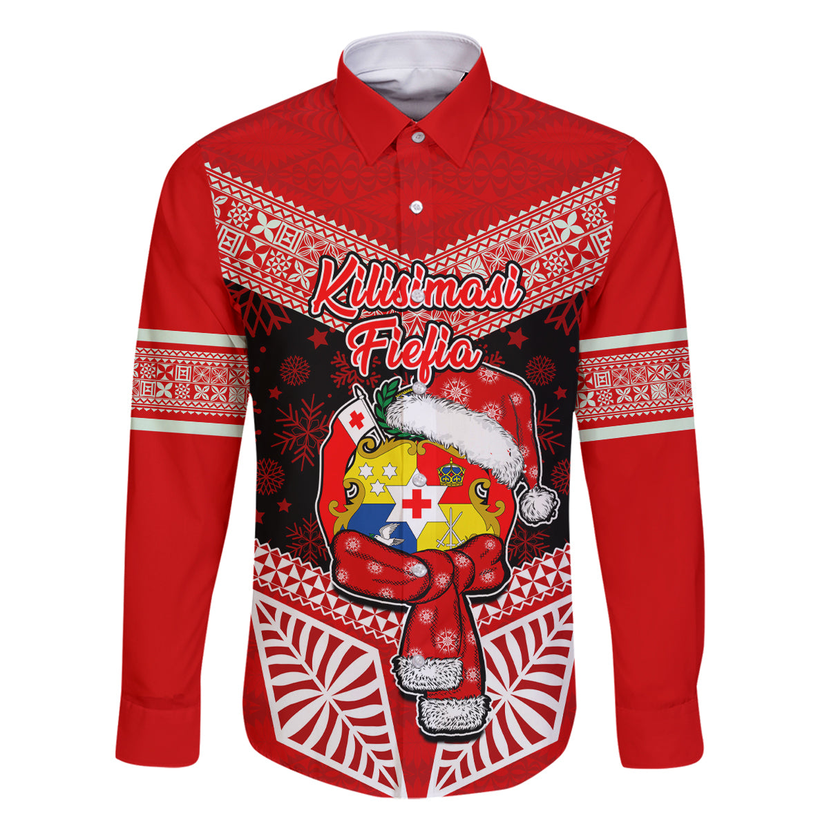 Tonga Christmas Family Matching Off Shoulder Maxi Dress and Hawaiian Shirt Tongan Coat of Arms Santa With Ngatu Pattern Christmas Red Style LT03 Dad's Shirt - Long Sleeve Red - Polynesian Pride