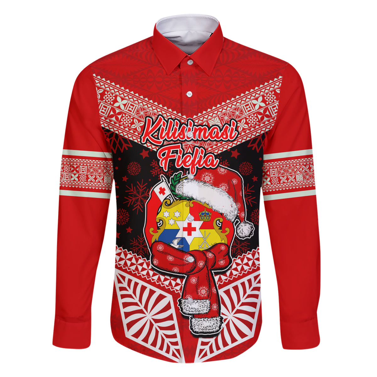 Tonga Christmas Family Matching Short Sleeve Bodycon Dress and Hawaiian Shirt Tongan Coat of Arms Santa With Ngatu Pattern Christmas Red Style LT03 Dad's Shirt - Long Sleeve Red - Polynesian Pride