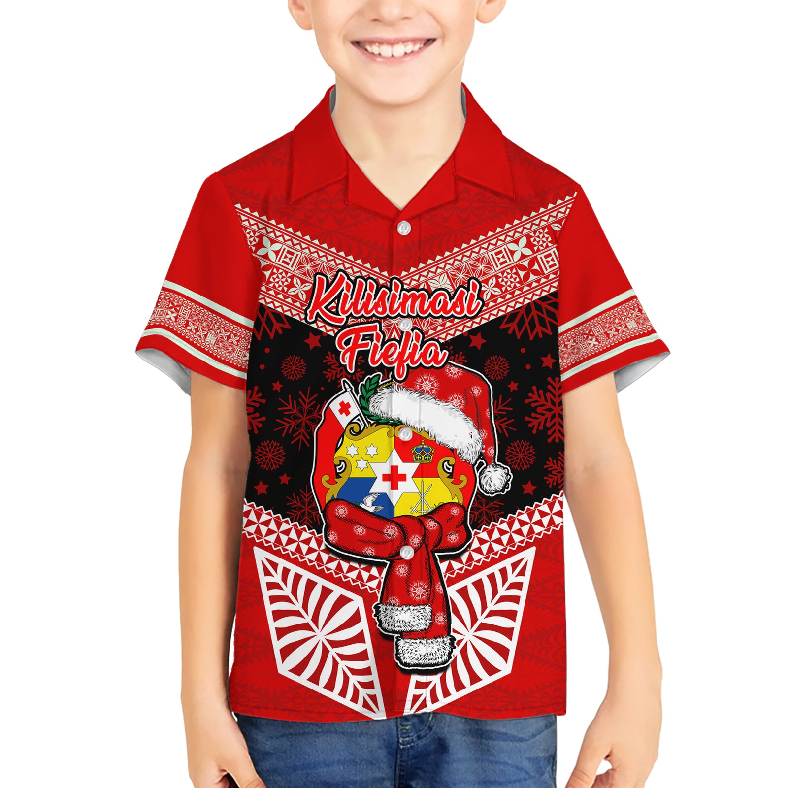 Tonga Christmas Kid Hawaiian Shirt Tongan Coat of Arms Santa With Ngatu Pattern Christmas Red Style LT03 Kid Red - Polynesian Pride