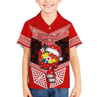 Tonga Christmas Kid Hawaiian Shirt Tongan Coat of Arms Santa With Ngatu Pattern Christmas Red Style LT03 Kid Red - Polynesian Pride