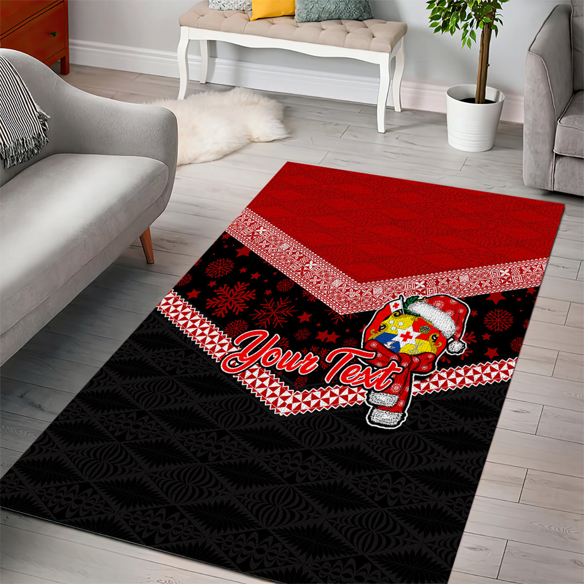 Personalised Tonga Christmas Area Rug Tongan Coat of Arms Santa With Ngatu Pattern Christmas Red Style LT03 - Polynesian Pride