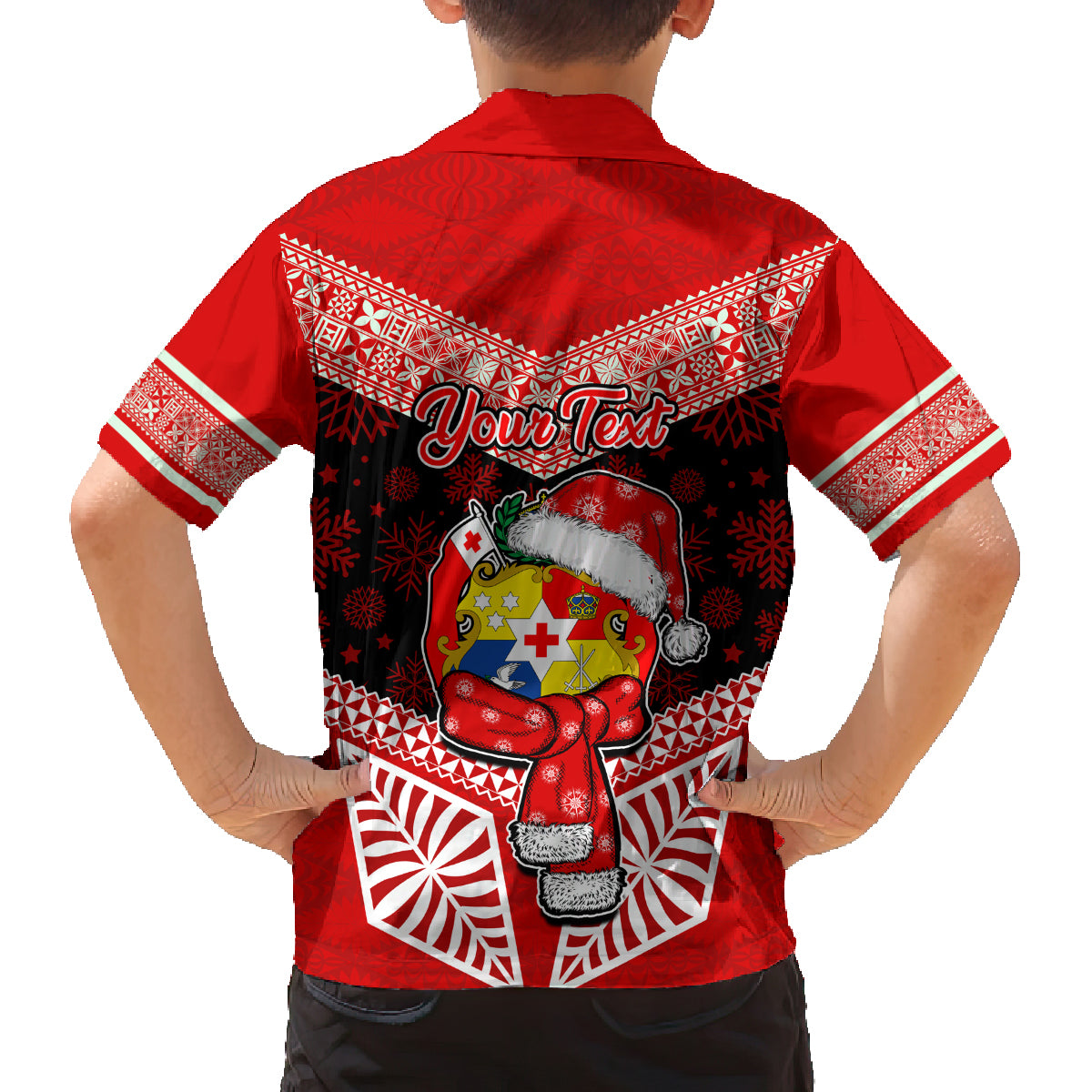 Personalised Tonga Christmas Family Matching Off Shoulder Long Sleeve Dress and Hawaiian Shirt Tongan Coat of Arms Santa With Ngatu Pattern Christmas Red Style LT03 - Polynesian Pride