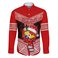 Personalised Tonga Christmas Family Matching Off Shoulder Short Dress and Hawaiian Shirt Tongan Coat of Arms Santa With Ngatu Pattern Christmas Red Style LT03 Dad's Shirt - Long Sleeve Red - Polynesian Pride