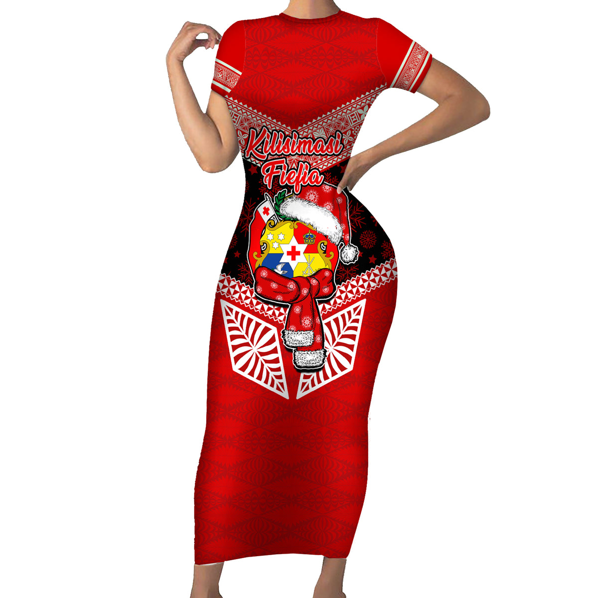 Personalised Tonga Christmas Family Matching Short Sleeve Bodycon Dress and Hawaiian Shirt Tongan Coat of Arms Santa With Ngatu Pattern Christmas Red Style LT03 Mom's Dress Red - Polynesian Pride